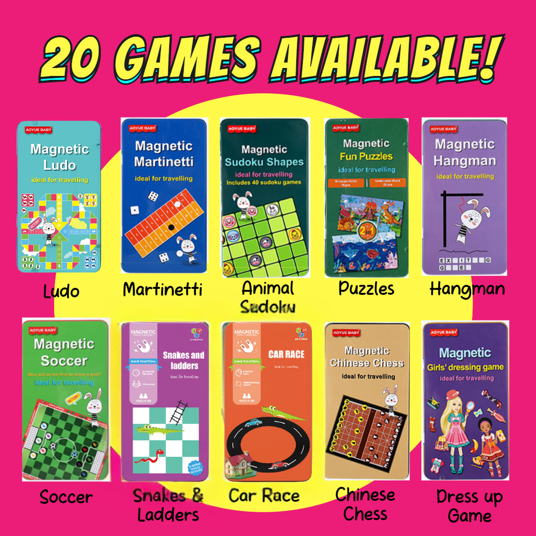 Colorful display of various magnetic travel board games including Ludo, Martinetti, Animal Sudoku, puzzles, Hangman, soccer, snakes and ladders, car race, Chinese chess, and dress up game for kids and travel entertainment