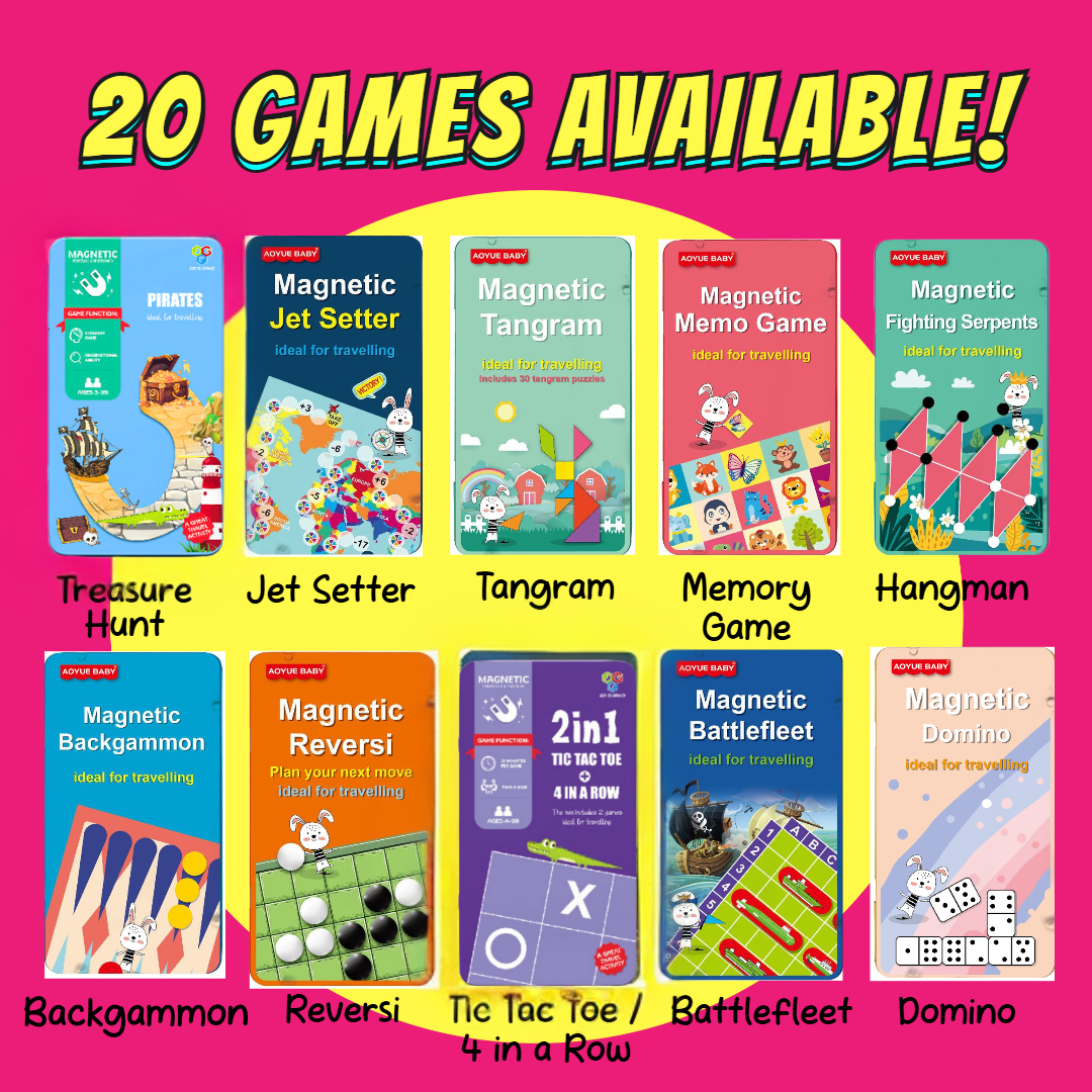 Magnetic board game set with 20 portable travel games including Snakes & Ladders, Ludo, Hangman, and more, ideal for kids' birthday goodie bags and travel entertainment