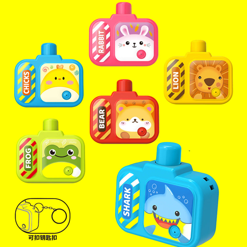 Colorful mini camera water guns with animal faces including shark, frog, chick, rabbit, bear, and lion, perfect party favors for kids.
