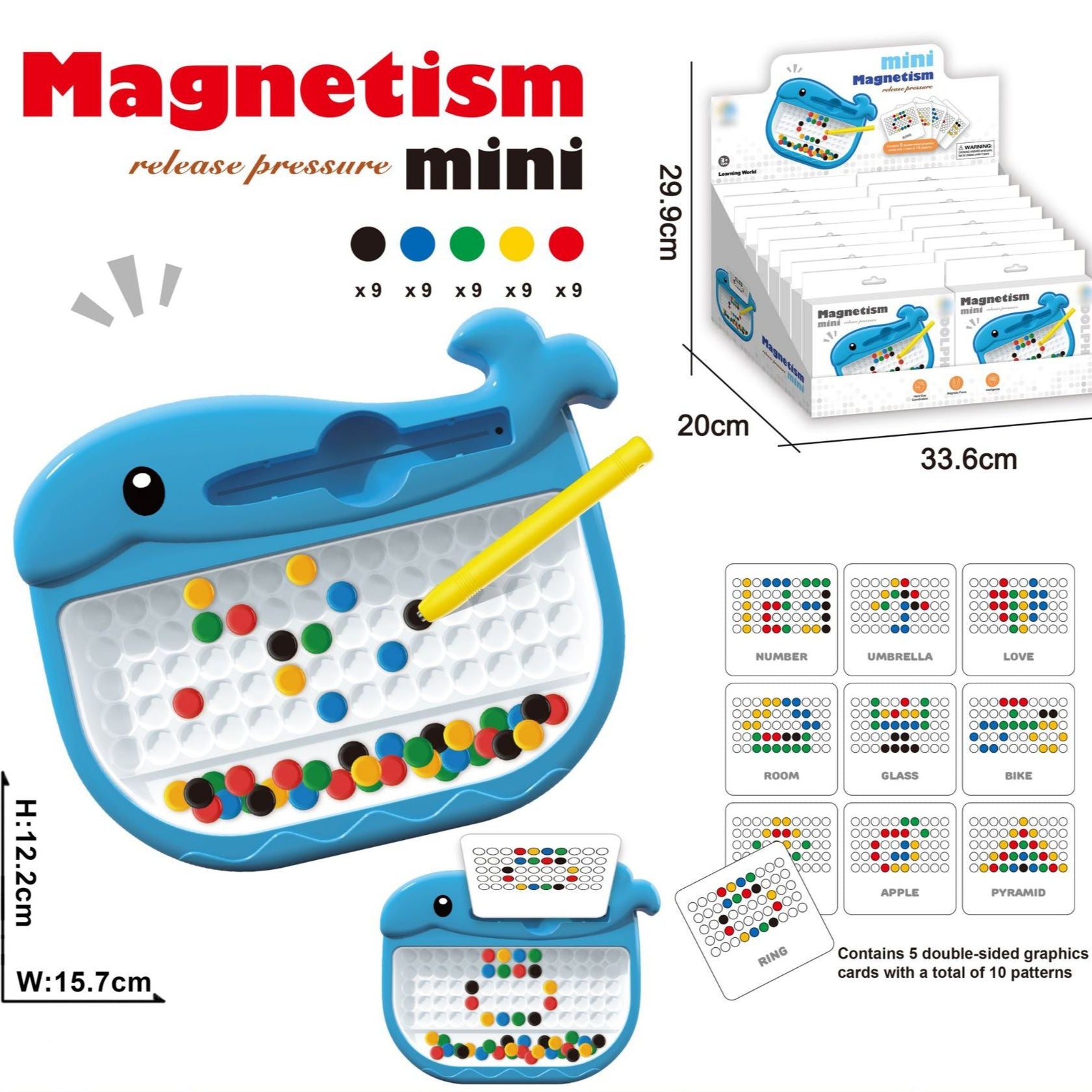 Mini Magnetism Board handheld game shaped like a blue whale with colorful magnetic dots and pattern matching cards for educational play and travel.