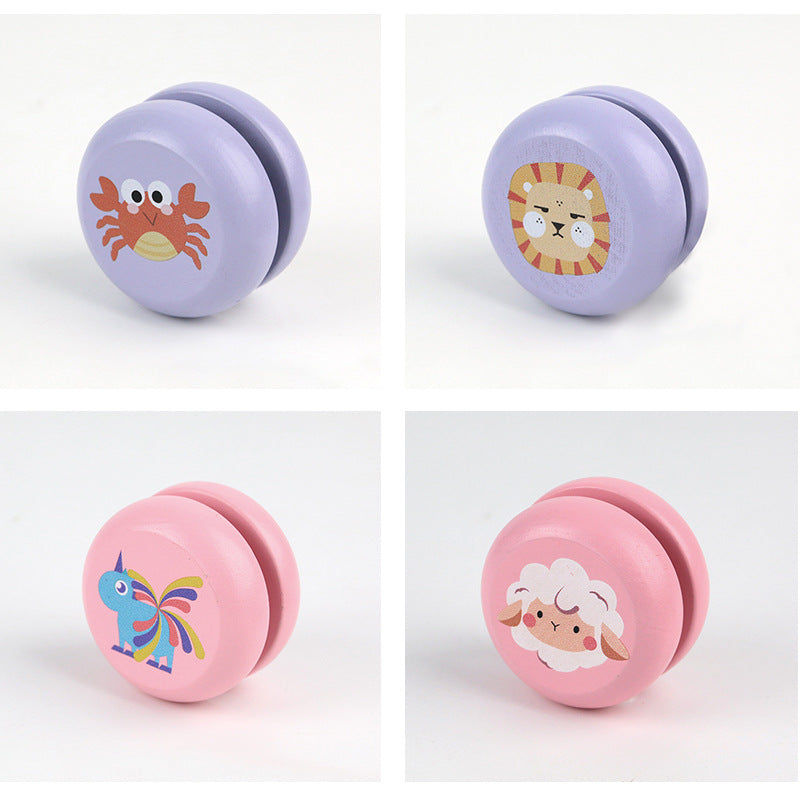 Colorful wooden yoyo with animal designs including lion, crab, unicorn, and sheep.