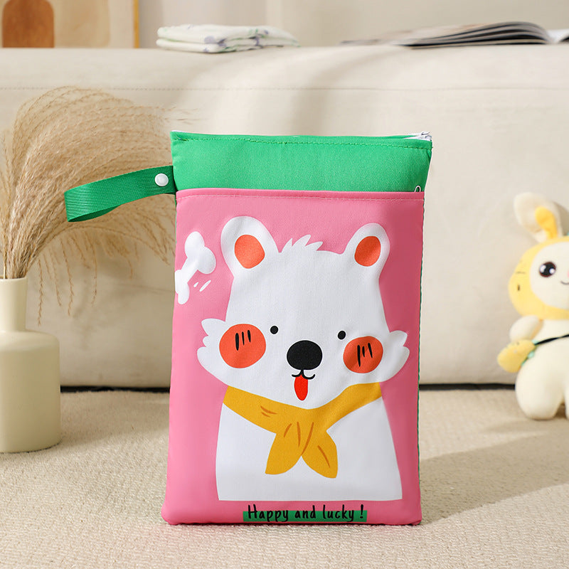 Cute diaper bag with colorful animal illustration and multiple pockets