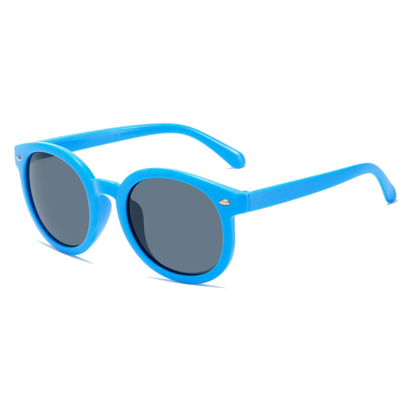 Blue kids sunglasses with round dark lenses, lightweight and stylish for parties and play.