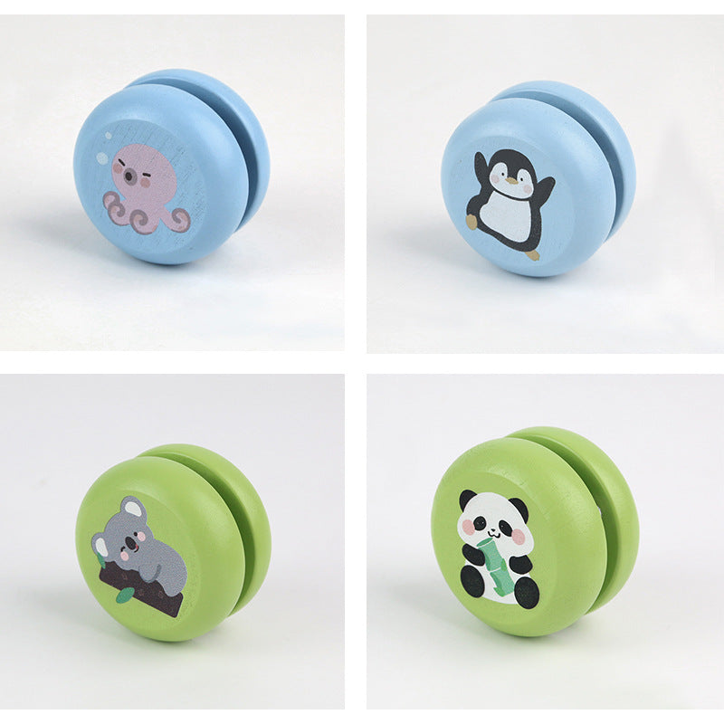 Colorful wooden yoyo with animal designs for kids, featuring octopus, penguin, koala, and panda.