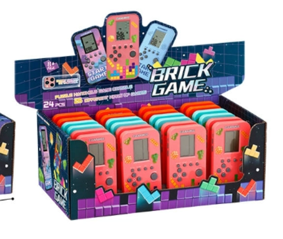 Tetris Game handheld puzzle consoles in assorted orange, pink, and turquoise colors displayed in a colorful brick game-themed box for party favors.