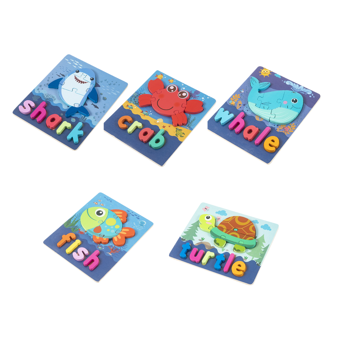 Montessori Wooden Puzzle Toy with colorful animal designs and alphabet letters.
