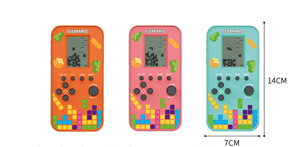 Colorful Tetris Game handheld consoles in orange, pink, and turquoise with classic puzzle gameplay, measuring 14x7cm.
