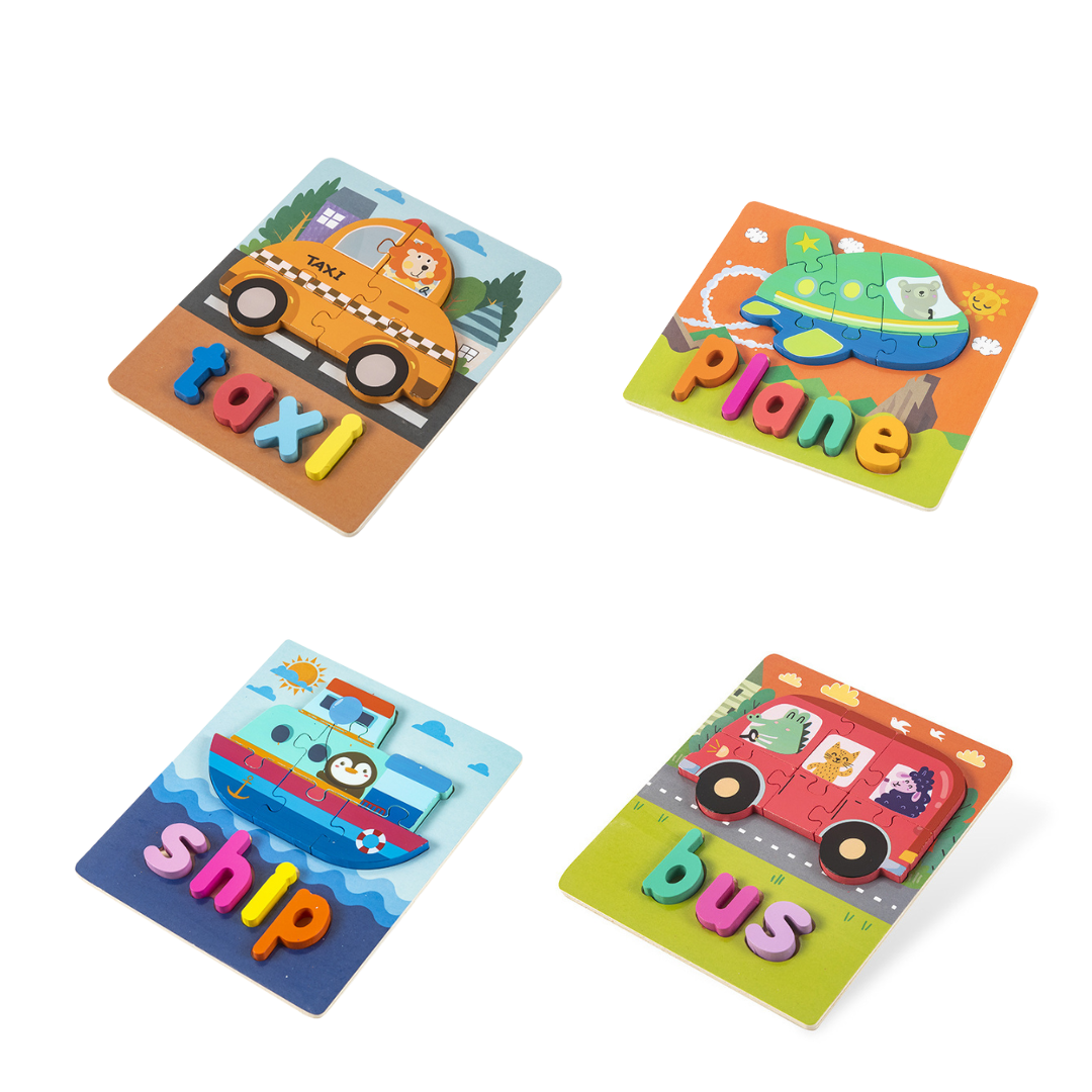 Montessori wooden puzzle toy with colorful transport designs and alphabet letters.