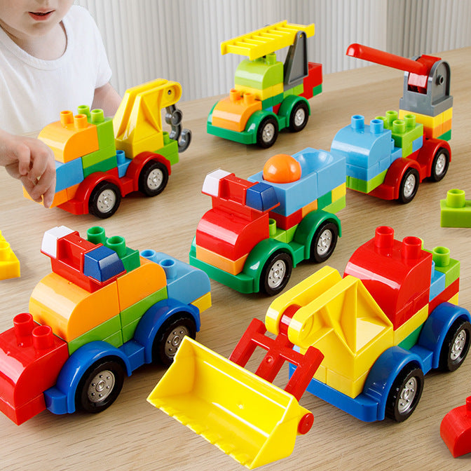 Colorful vehicle building blocks compatible with Lego Duplo, featuring six different model designs for kids to assemble and play.