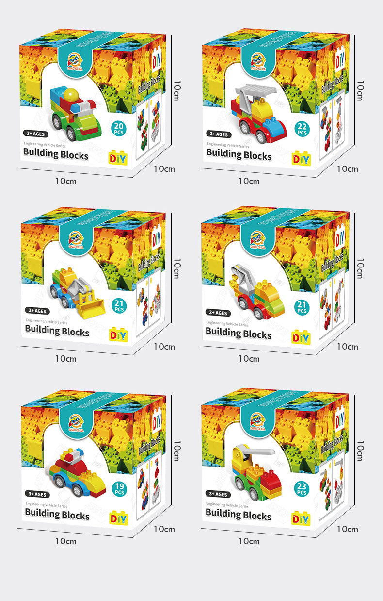 Set of six boxes of building blocks with colorful packaging and toy illustrations.