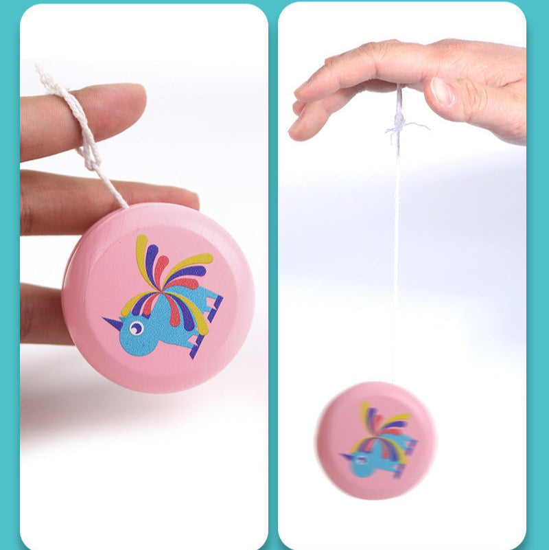 Colorful wooden yoyo with cute animal designs, ideal for kids' outdoor play.