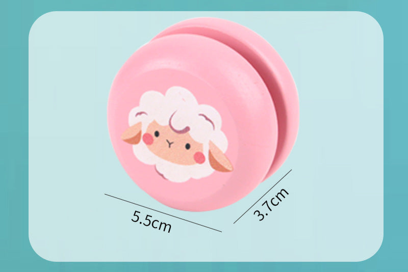 Colorful wooden yoyo with animal design on a turquoise background.
