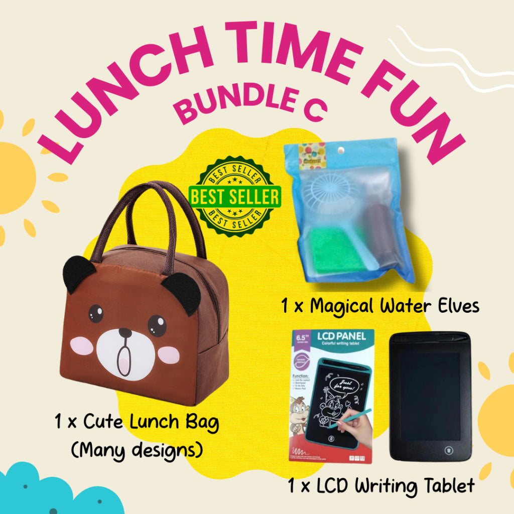 Colorful Lunch Time Fun Goodie Bag Party Pack with durable kids' lunch bags and snack compartments