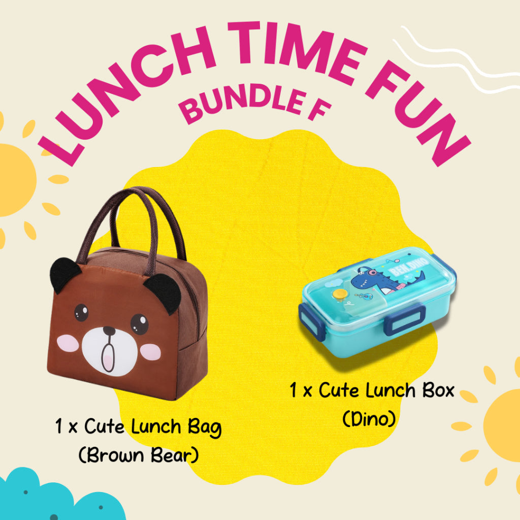 Colorful Lunch Time Fun Goodie Bag party pack with durable kids lunch bags and matching family designs