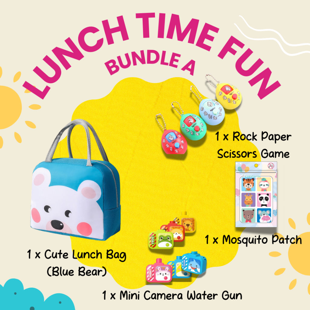 Colorful and durable Lunch Time Fun Goodie Bag party pack for kids with multiple fun designs